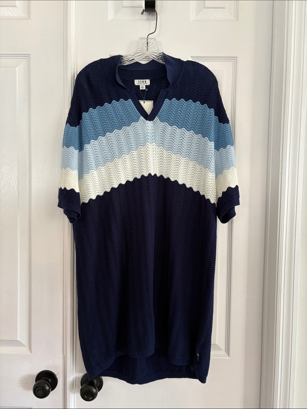 ROWM short-sleeve blue and white wave striped johnny collar knit dress XL NWT